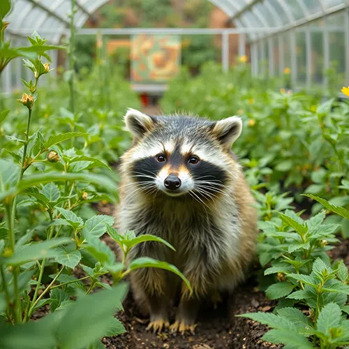 raccoon in greenhouse