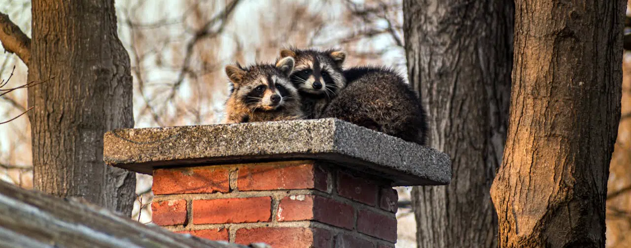 raccoons atop chimney