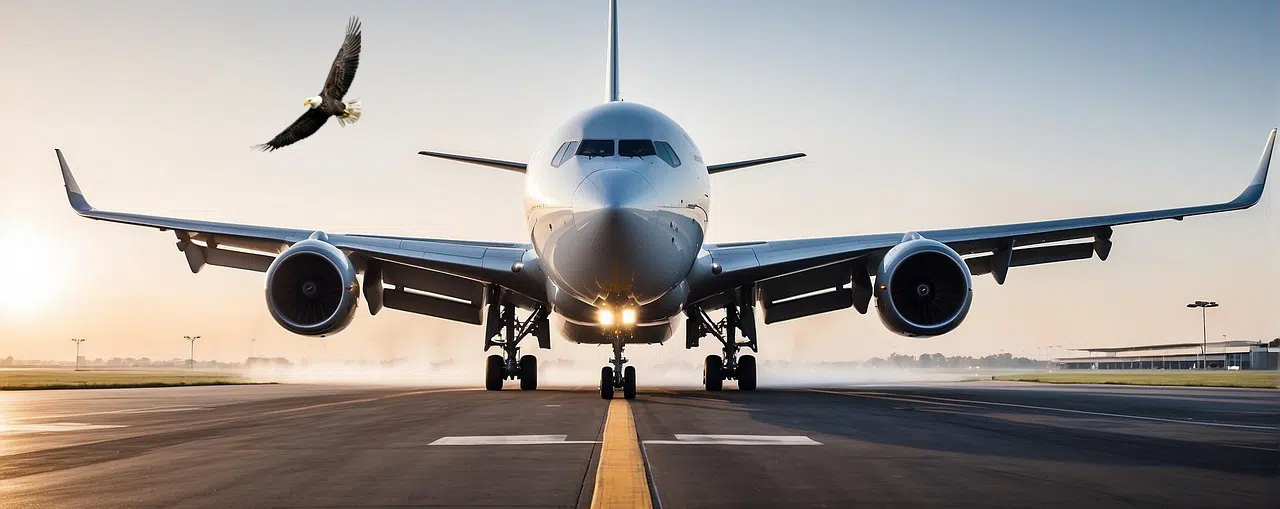 airplane on runway with eagle nearby